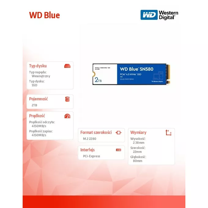 Western Digital Dysk SSD WD Blue 2TB SN580 NVMe M.2 PCIe Gen4