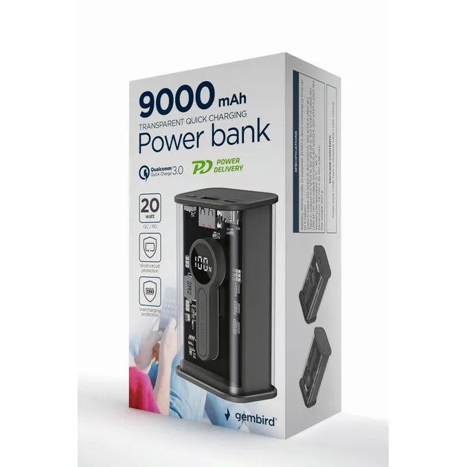 Gembird PowerBank Transparentny 9000 mAh QC3.0 Czarny