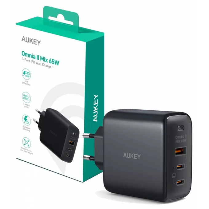 AUKEY PA-B6T Black Omnia II GaN ładowarka sieciowa 3xUSB (2xUSB C+ 1xUSB A) 65W QC PD