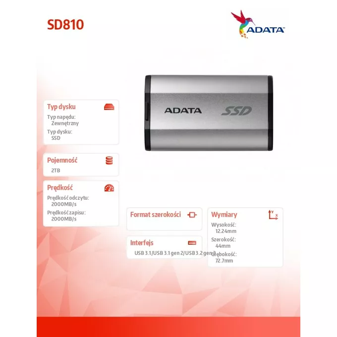 Adata Dysk SSD External SD810 2TB USB3.2C 20Gb/s srebrny