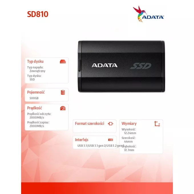 Adata Dysk SSD External SD810 500GB USB3.2 20Gb/s czarny