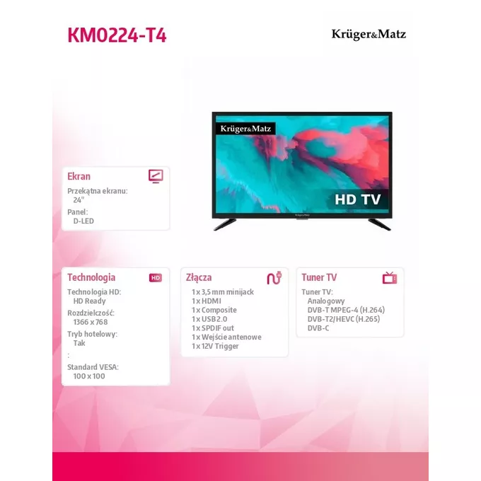 Kruger &amp; Matz Telewizor 24 cale HD DVB-T2 H.265 HEVC