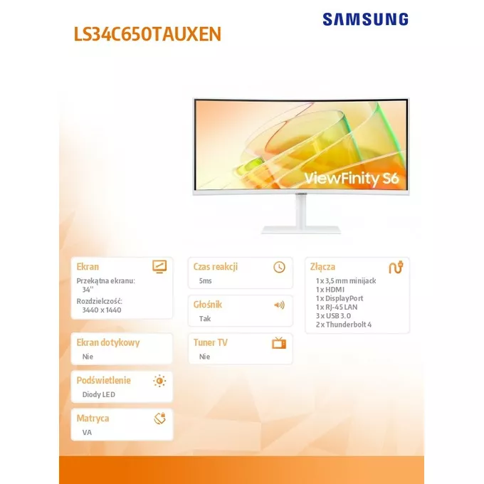 Samsung Monitor 34 cale ViewFinity S65CT VA 3440x1440 UWQHD 21:9 1xHDMI 1xDP 2xTB 4.0(90W/15W) 3xUSB 3.0 LAN 5ms 100Hz HAS gł. zakrzyw. biały 2Yd2d