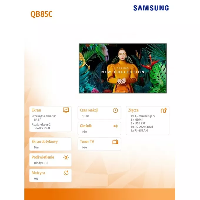 Samsung Monitor profesjonalny  QB85C 85 cali Błyszczący 16h/7 350(cd/m2) 3840x2160 (UHD) S10 Player (Tizen 7, VXT Ready) Wi-Fi/BT 3 lata On-Site (LH85QBCEBGCX