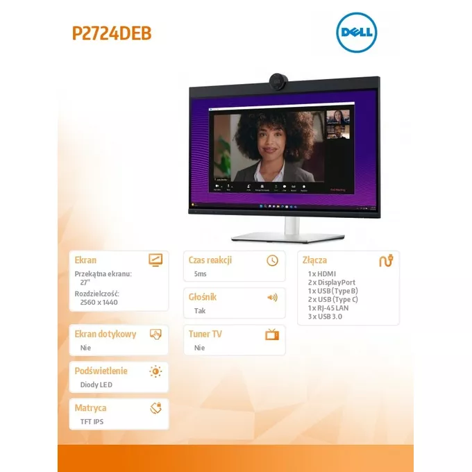 Dell Monitor P2724DEB 27 cali LED IPS QHD (2560x1440)/16:9/HDMI/DP/RJ-45/Kamera/Głośniki/Mikrofon/3YPPG