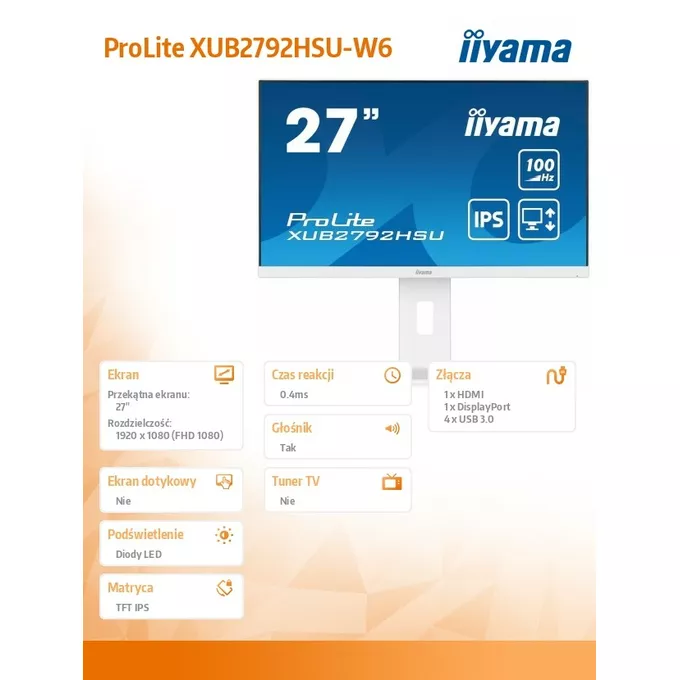 IIYAMA Monitor 27 cali ProLite XUB2792HSU-W6 IPS,HDMI,DP,100Hz,SLIM,4xUSB3.2,PIVOT,  HAS(150mm),2x2W
