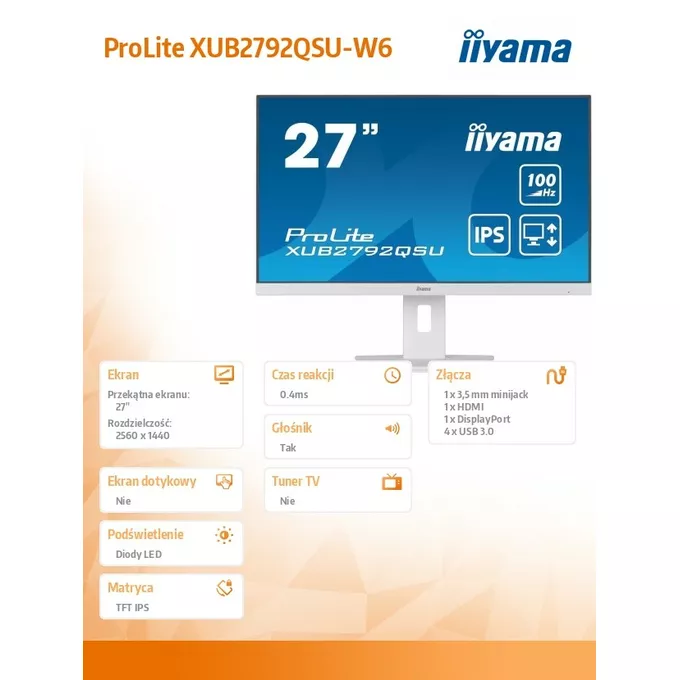 IIYAMA Monitor 27 cali ProLite XUB2792QSU-W6 IPS,QHD,HAS(150mm),100Hz,4xUSB3.2,SLIM