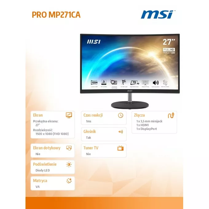 MSI Monitor PRO MP271CA  27 cali FHD/75Hz/1ms/Zakrzywiony
