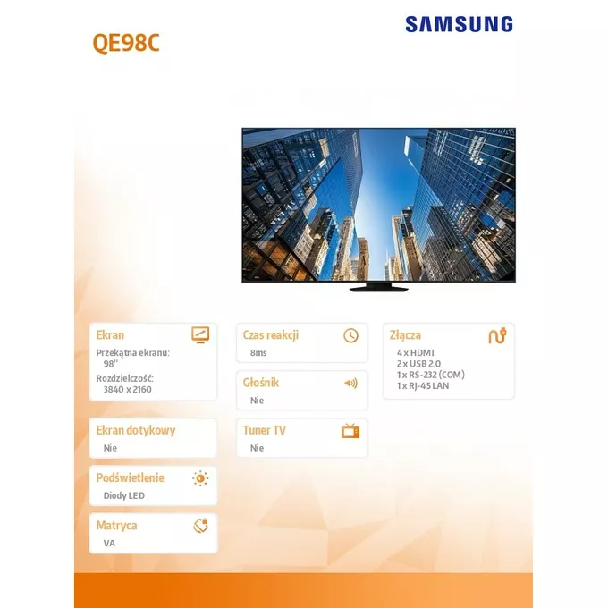 Samsung Monitor profesjonalny QE98C 98 cali Błyszczący 16h/7 450(cd/m2) 3840x2160(UHD) S10 Player (Tizen 6.5) Wi-Fi 3 lata On-Site (LH98QECELGCXEN)