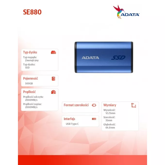 Adata Dysk zewnętrzny SSD SE880 500 GB USB3.2A/C Gen2x2 Niebieski