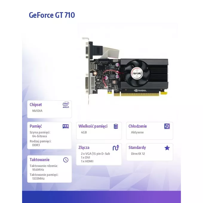 AFOX Karta graficzna GeForce GT 710 4GB DDR3 64Bit DVI HDMI VGA LP V1