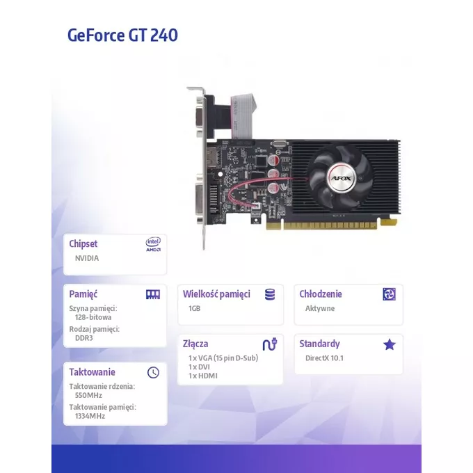 AFOX Karta graficzna Geforce GT 240 1GB DDR3 128BIT DVI HDMI VGA LP Fan V2