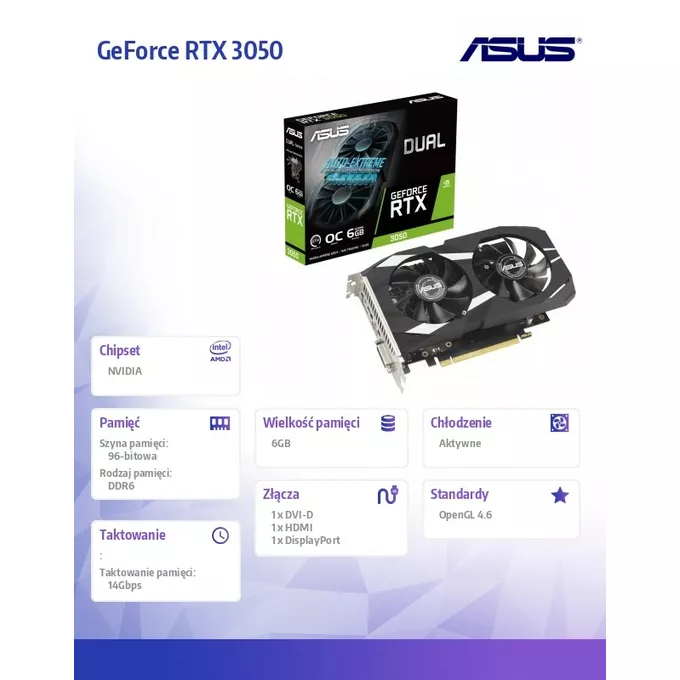 Asus Karta graficzna GeForce RTX 3050 DUAL OC 6GB GDDR6 96bit DP/HDMI