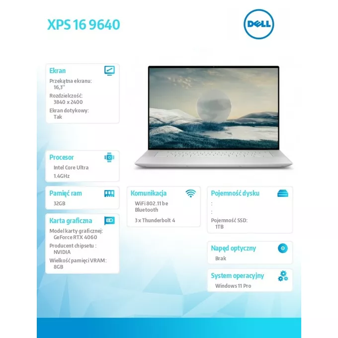 Dell Notebook XPS 16 9640/Ultra 7 155H/32GB/1TB SSD/16.3 UHD+ Touch/GeForce RTX 4060/WLAN + BT/Backlit Kb/6 Cell/W11Pro
