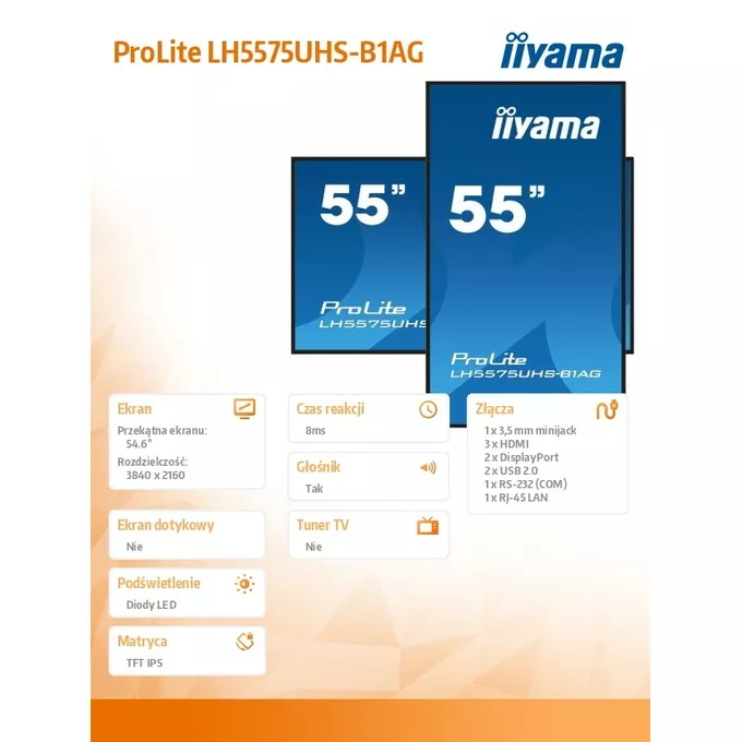 IIYAMA Monitor 54.6 cali ProLite LH5575UHS-B1AG,24/7,IPS,ANDROID.11,4K