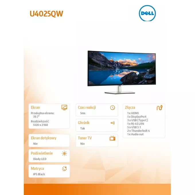 Dell Monitor U4025QW 39,7 cala Curved/WUHD/5120x2160/21:9/HDMI/DP/Thunderbolt/USB/USB-C/Speakers/3Y PPG