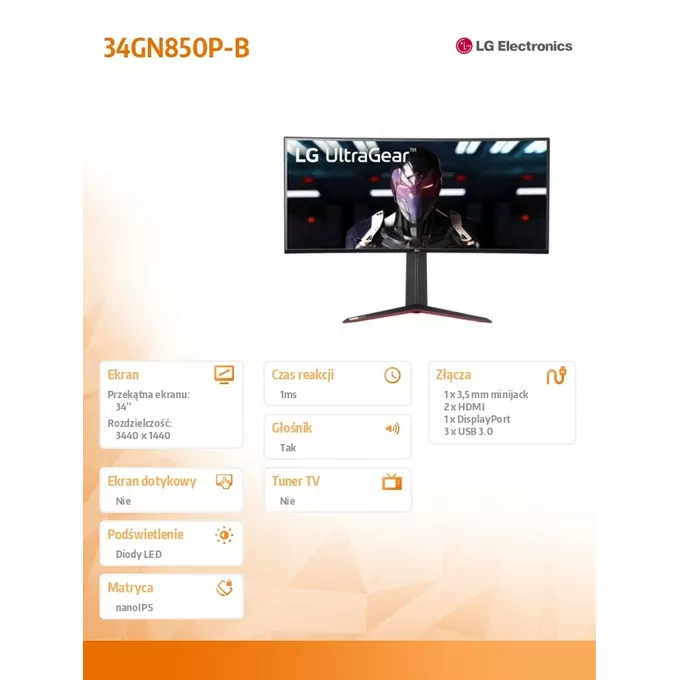 LG Electronics Monitor 34GN850P-B 34 cale UltraGear Nano IPS 1ms 160Hz
