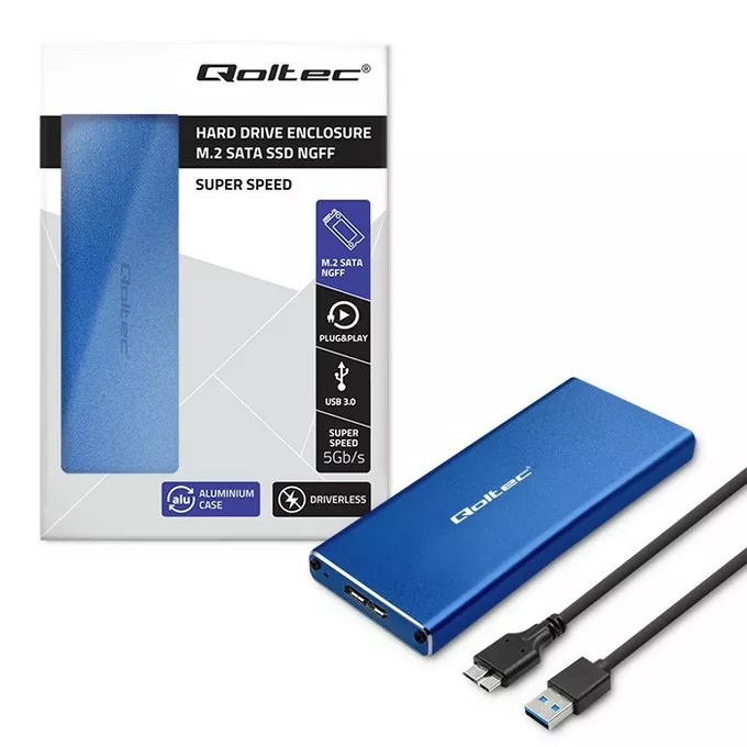 Qoltec Obudowa | kieszeń na dysk M.2 SSD | SATA | NGFF | USB 3.0 | Superspeed 5Gb/s | 2TB | Niebieska