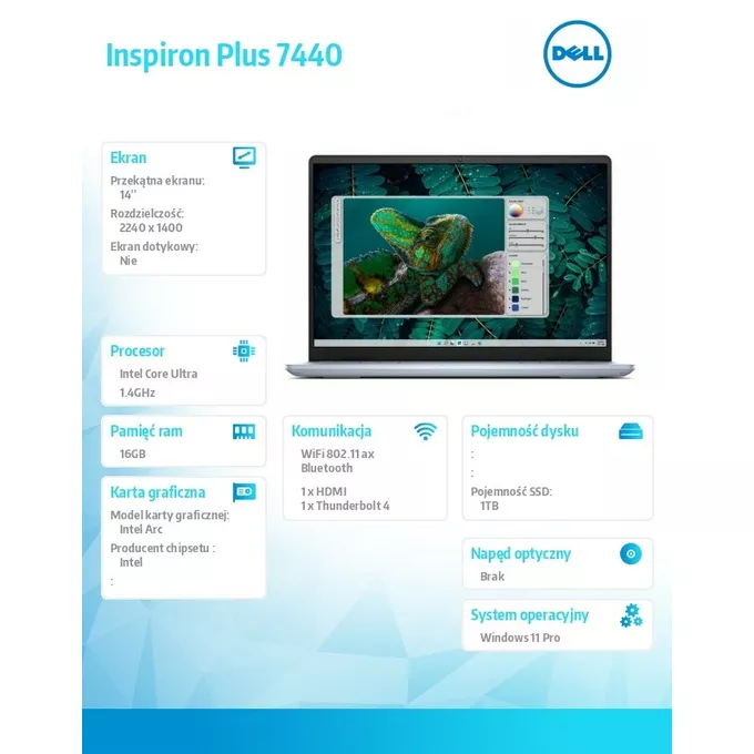 Dell Notebook Inspiron Plus 7440/Ultra 7 155H/16GB/1TB SSD/14.0 2.2K/Arc/FgrPr/Cam &amp; Mic/WLAN + BT/Backlit Kb/4 Cell/W11Pro/2Y Basic Onsite