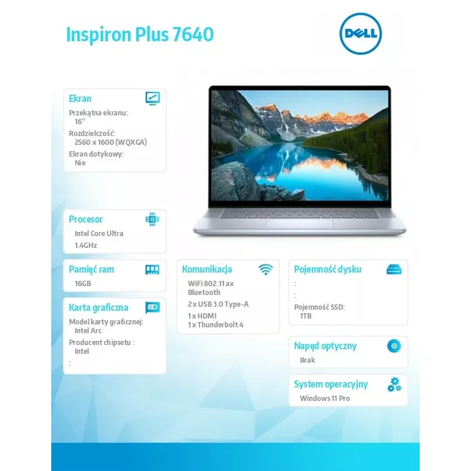 Dell Notebook Inspiron Plus 7640/16GB/1TB SSD/16.0 2.5K/Arc/FgrPr/Cam &amp; Mic/WLAN + BT/Backlit Kb/90 Wh/W11Pro/2Y Basic Onsite