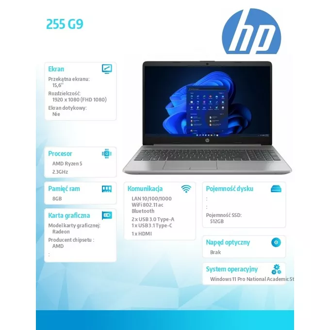 HP Notebook 255 G9 R5-5625U EDU 512GB/8GB/W11P   3Y 8X8Y0ES