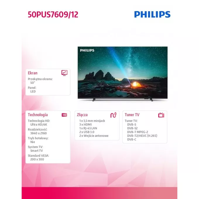 Philips Telewizor LED 50 cali 50PUS7609/12