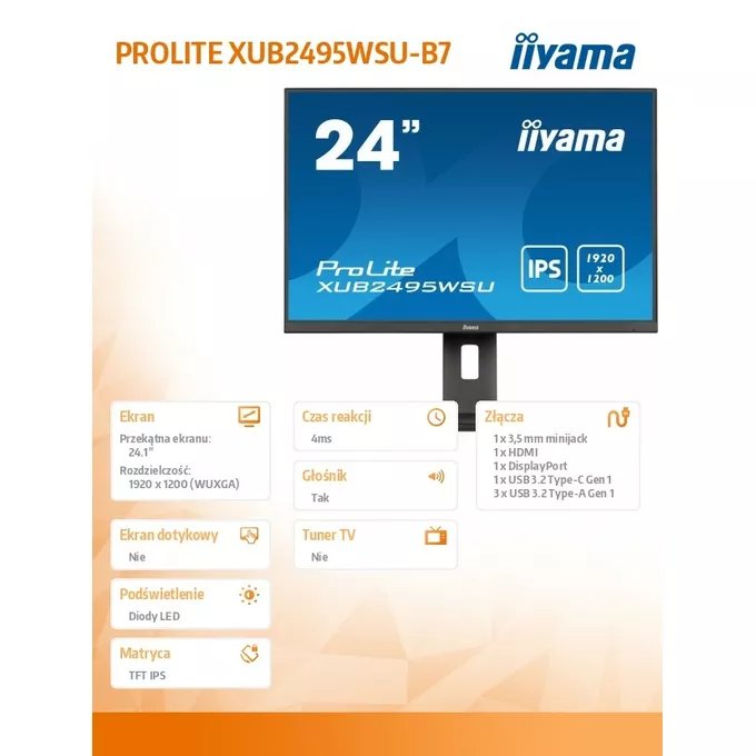 IIYAMA Monitor 24 cale XUB2495WSU-B7 IPS,16:10,300cd,4ms,HDMI,DP,3xUSB(3.2), 1xUSB-c,2x2W,FlickerFree,HAS(150mm)