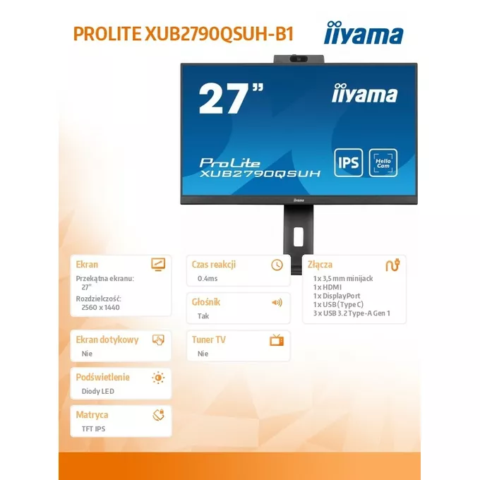 IIYAMA Monitor 27 cali XUB2790QSUH-B1 IPS,QHD,CAM,MIC,HDMI,DP,3xUSB(3.2),  100Hz,ADAPTIVE SYNC,FlickerFree,2x2W,WINDOWS HELLO