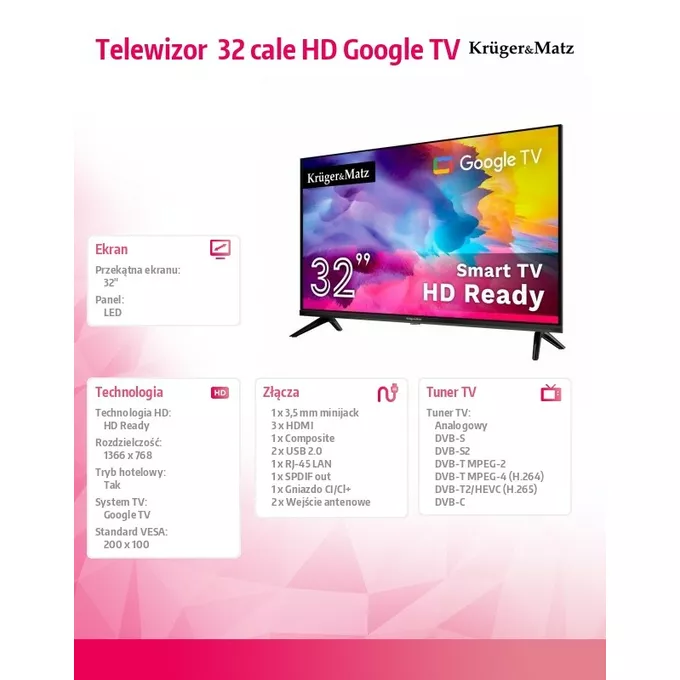 Kruger &amp; Matz Telewizor  32 cale HD Google TV