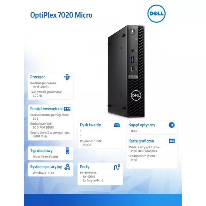 Dell Komputer Optiplex MFF/Core i3-14100T/8GB/256GB SSD/Integrated/WLAN + BT/Kb/Mouse/W11Pro