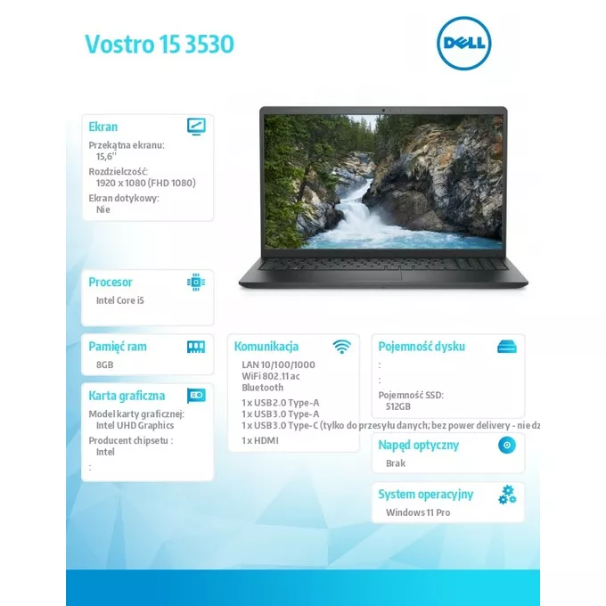Dell Notebook Vostro 15 (3530) Win11Pro i5-1334U/8GB/512GB SSD/15.6 FHD 120Hz/Intel UHD/FgrPr/FHD Cam/Mic/WLAN + BT/Backlit Kb/3 Cell/3YPS
