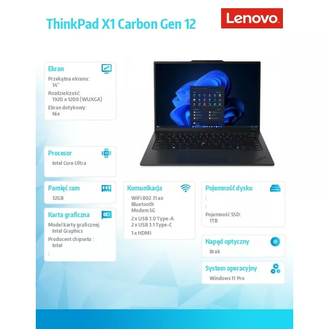 Lenovo Ultrabook ThinkPad X1 Carbon G12 21KC0067PB W11Pro Ultra 7 155U/32GB/1TB/INT/LTE/14.0 WUXGA/Black/vPro/3YRS Premier Support + CO2 Offset