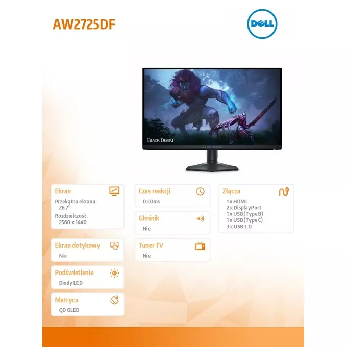 Dell Monitor AW2725DF 27 cali AMD FreeSync/QD-OLED/360Hz/QHD(2560x1440)/16:9/DP/HDMI/USB-C/USB/3Y