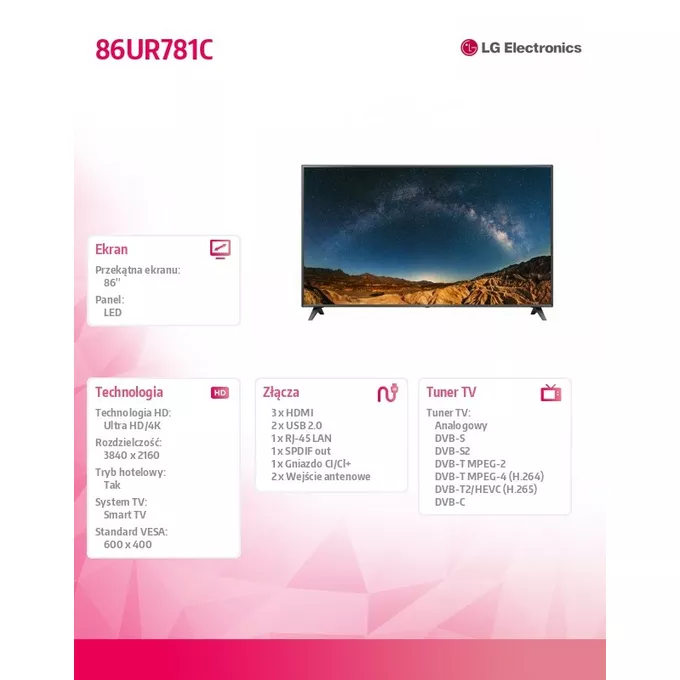LG Electronics Telewizor LED 86 cali 86UR781C