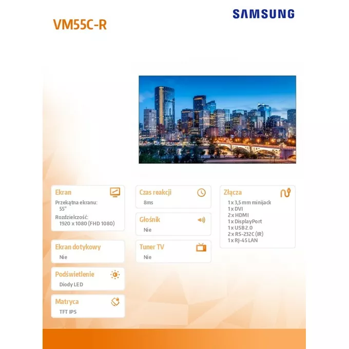 Samsung Monitor profesjonalny VM55C-R 55 cali Video Wall Matowy 24h/7 500(cd/m2) 1920x1080 (FHD) Ramka: 0.44mm(even) 3 lata On-Site (LH55VMCEBGBXEN)