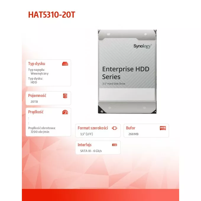 Synology Dysk HDD SATA 3,5&quot; 20TB 512e 6Gb/s 7,2k HAT5310-20T 5Y