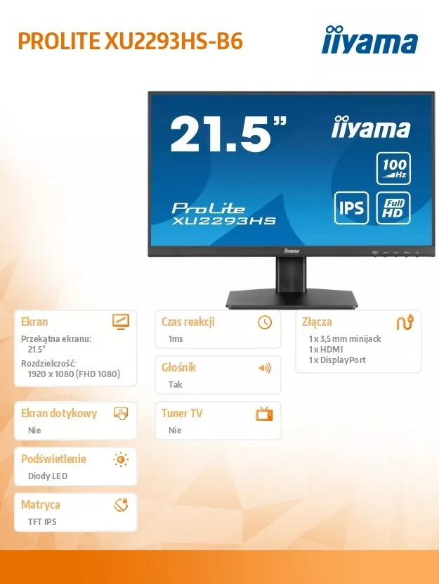 IIYAMA Monitor 21,5 cala XU2293HS-B6 IPS/HDMI/DP/SLIM/2x1W | Kakto.pl