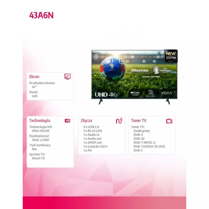 Hisense Telewizor LED 43 cale 43A6N