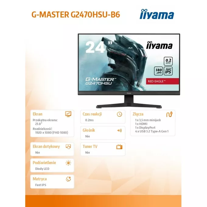 IIYAMA Monitor G-Master 23.8 cala G2470HSU-B6 0.2ms,IPS,DP,HDMI,180Hz