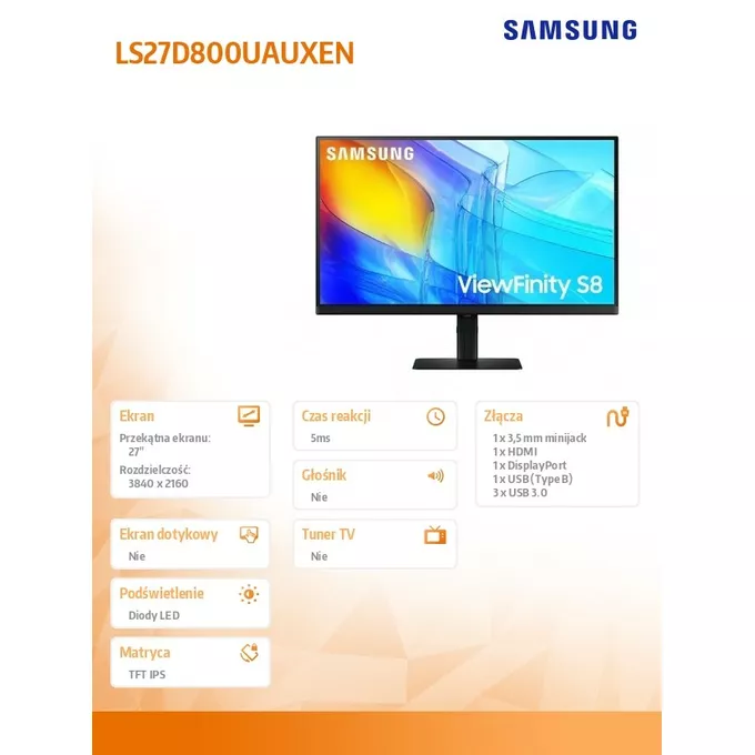 Samsung Monitor 27 cali ViewFinity S80UD IPS 3840x2160 UHD 16:9 1xHDMI 1xDP 1xUSB-C 90W 3xUSB 3.0 LAN KVM 5ms PinP/PbyP 60Hz HAS+PIV płaski 3YOn-Site