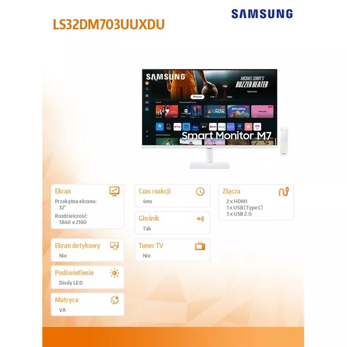 Samsung Monitor 32 cale SMART M70D VA 3840x2160 UHD 16:9 2xHDMI 3xUSB 2.0 1xUSB-C (65W) 4ms 60Hz WiFi/BT głośniki płaski biały 2Yd2d