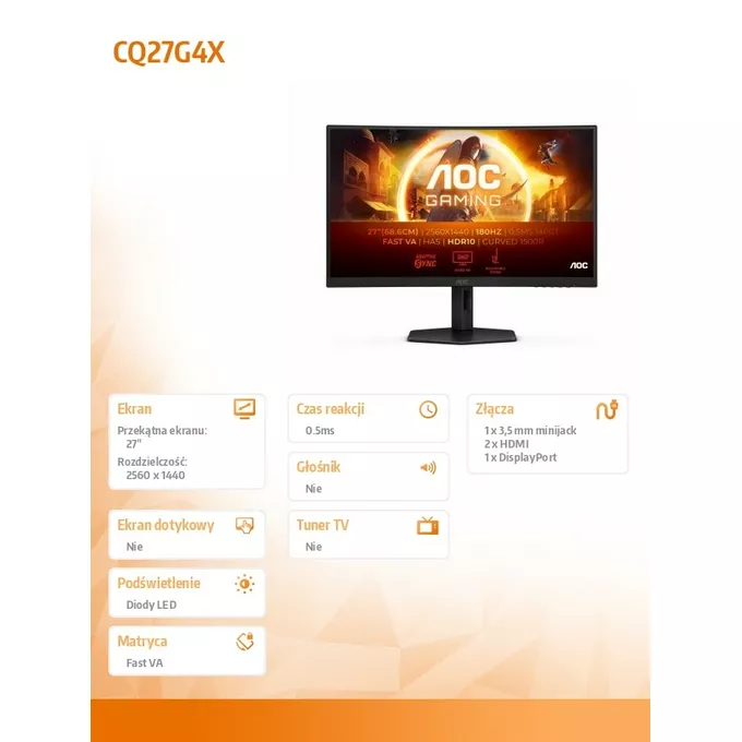 AOC Monitor CQ27G4X 27 cali Zakrzywiony Fast VA 180Hz HDMIx2 DP HAS