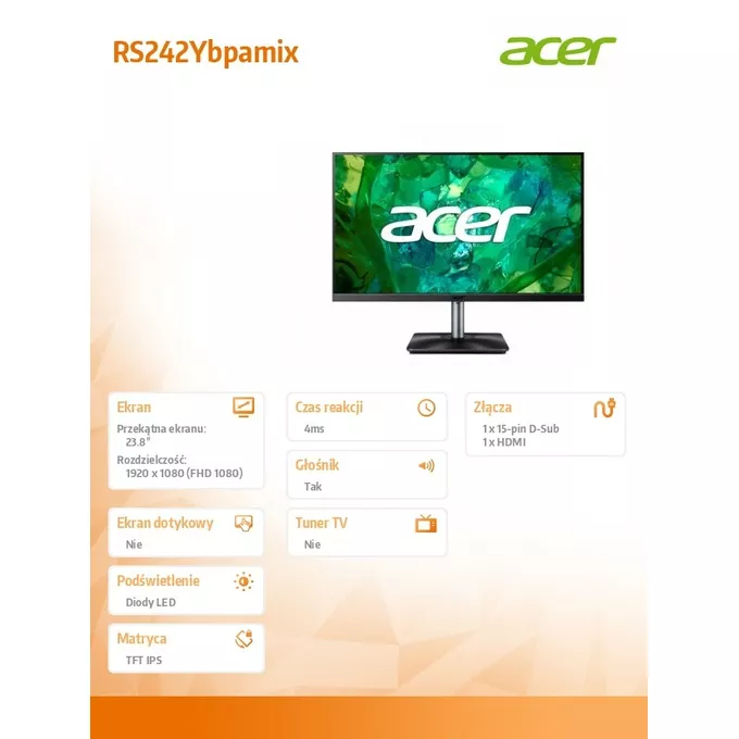 Acer Monitor 23.8 cala RS242Ybpamix IPS 4MS/100Hz/HDMI/VGA/Głośnik