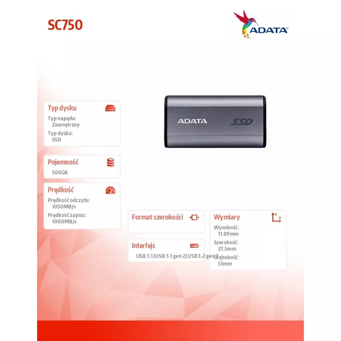 Adata Dysk zewnętrzny SSD SC750 500G USB3.2C 1050/1000 MB/s