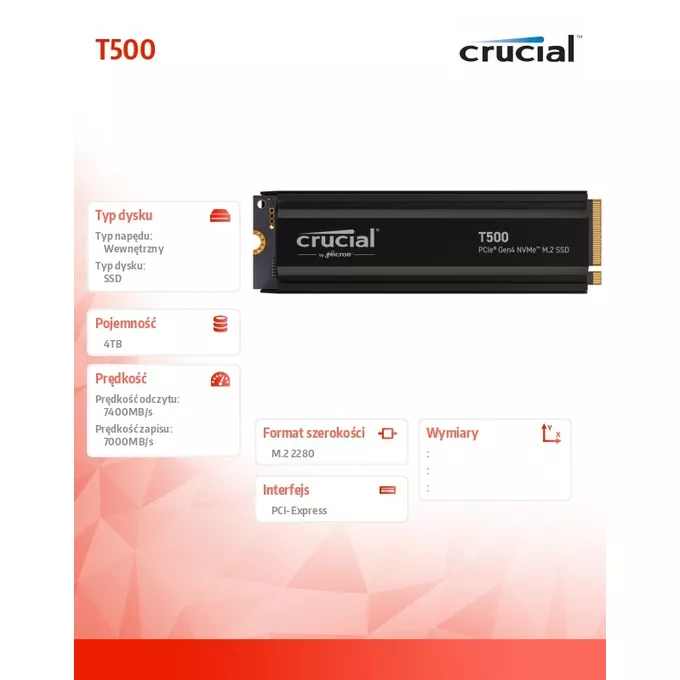 Crucial Dysk SSD T500 4TB M.2 NVMe 2280 PCIe 4.0 7400/7000 Radiator