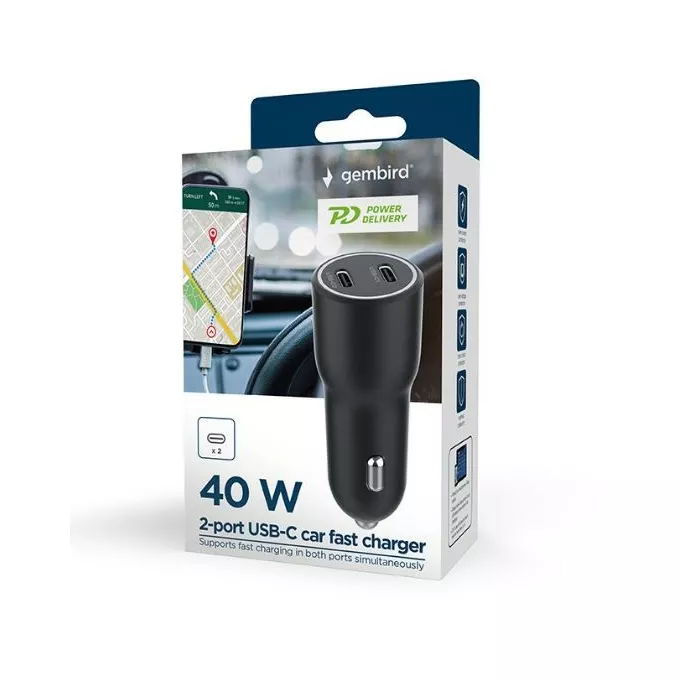 Gembird Ładowarka samochodowa 2xUSB-C PD 40W czarna
