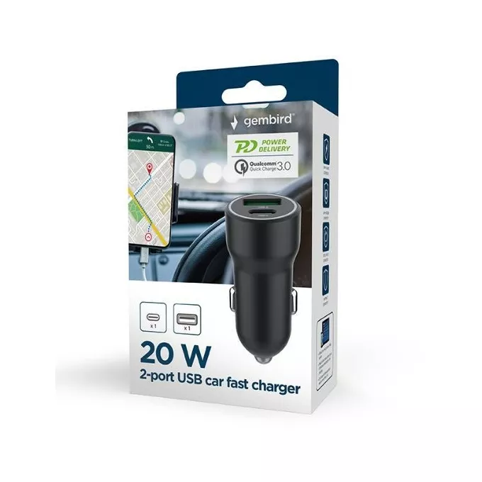 Gembird Ładowarka samochodowa USB-A/USB-C 20W PD czarna