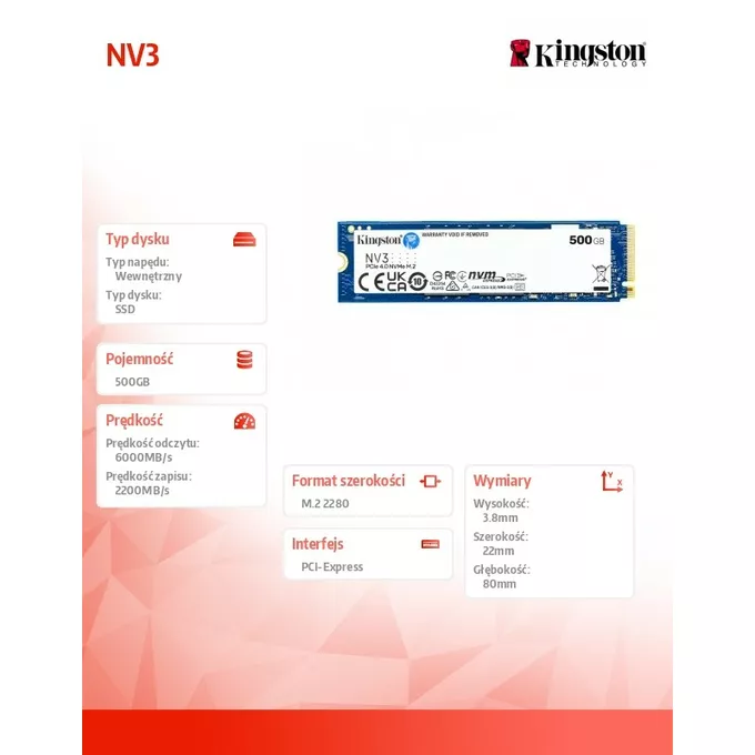 Kingston Dysk SSD NV3 500GB M.2 2280 PCI-e 4.0 NVMe 6000/2200