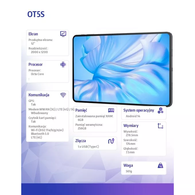 OUKITEL Tablet OT5S LTE 6/256GB 8250 mAh 12 cali czarny