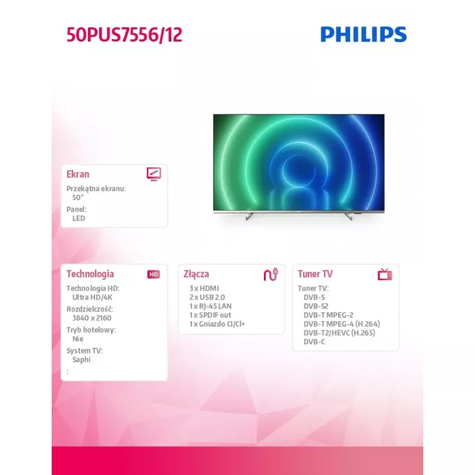 Philips Telewizor 50 cali 50PUS7556/12 SMART